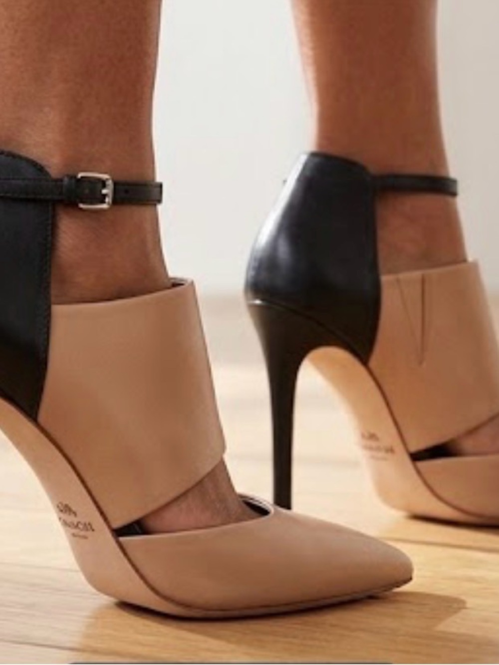 Coach Tan/ black Pointed-Toe Ankle-Strap Heels
